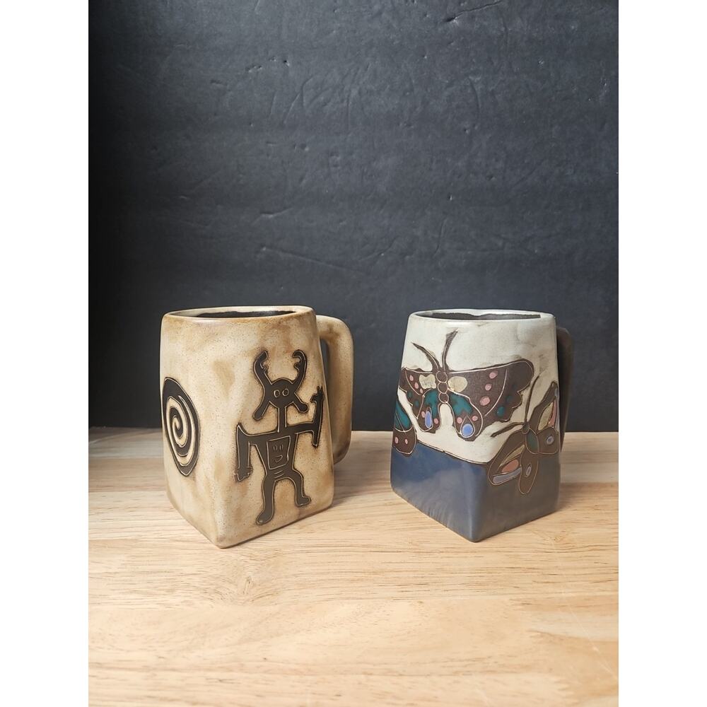 2 Mara Mexico Petroglyph & Butterfly Mugs Ceramic Hand Made Painted Stoneware